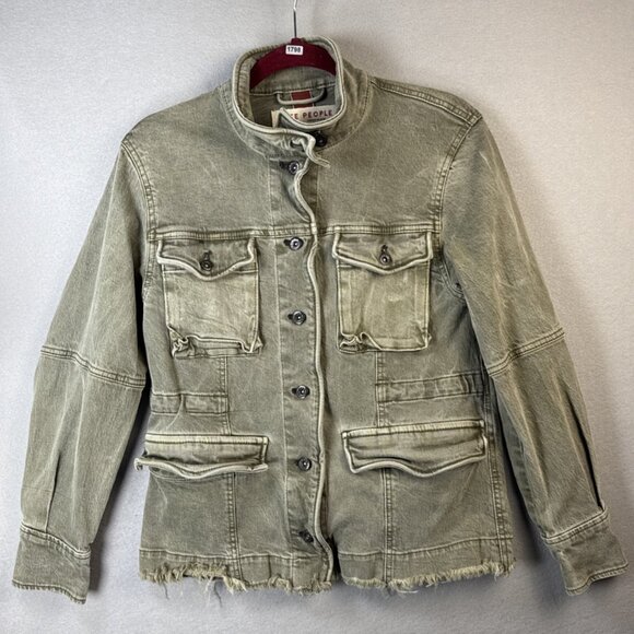 Free People Harley Military Jean Jacket Womens Size XS Army Olive Green Stretch‎ - Picture 1 of 11